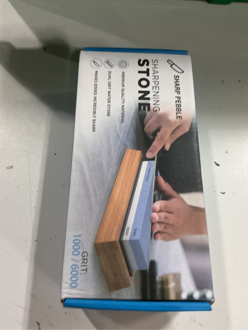 Condition photo showing New/Like New for sharp pebble premium whetstone knife sharpening system – 1000/6000 grit whetstone knife sharpener kit with angle guide & non-slip bamboo base – guided beginner instructions