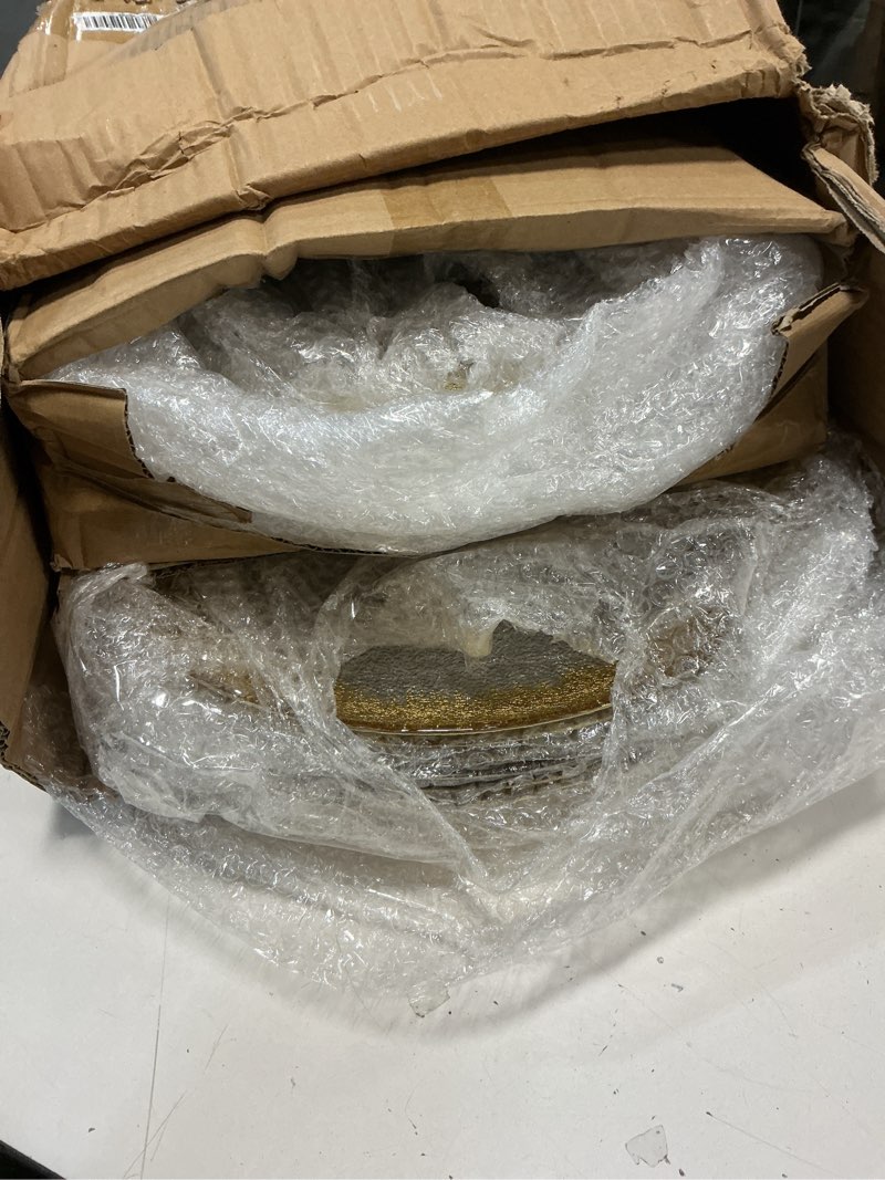 Condition photo showing Good Condition for 12 pcs gold glass charger plates 13 inch elegant gold rim glass charger plate for wedding party banquet occasions birthday celebrations home event tabletop upscale decoration dinner kitchen