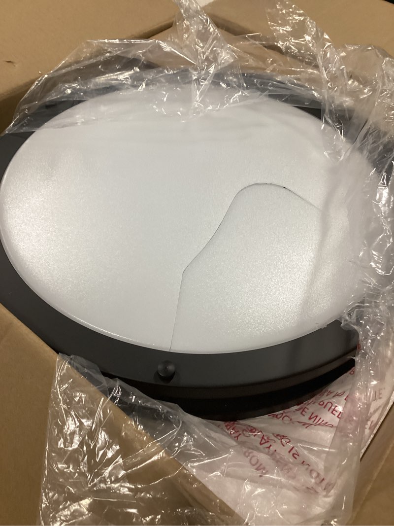 Condition photo showing As Is for ( with crack ) Kalium LED Ceiling Light with Remote 10 Inch Flush Mount Ceiling Light Fixture, 18W 3000K-6000K Adjustable Color Temperature, Dimmable Lighting Fixtures for Kitchen Bedroom. Hardwired 1Pack Matte Black 10inch
