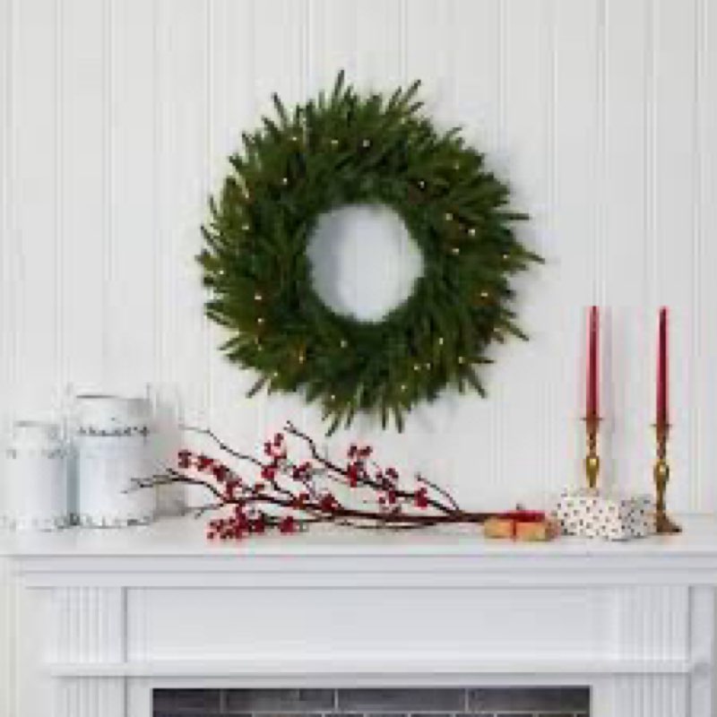 Nearly Natural 24in. Long Pine Artificial Christmas Wreath with 35 Clear LED Lights