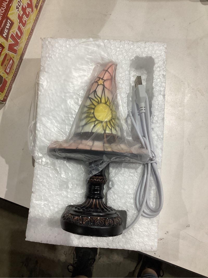 Condition photo showing New/Like New for Witch Hat Lamp Stained Glass Resin, Handmade Gothic Witch Hat Lamp, Small Wizard Hats Shape Spooky Fun Light for Indoor Party Haunted Wiccan Halloween Decor (White)