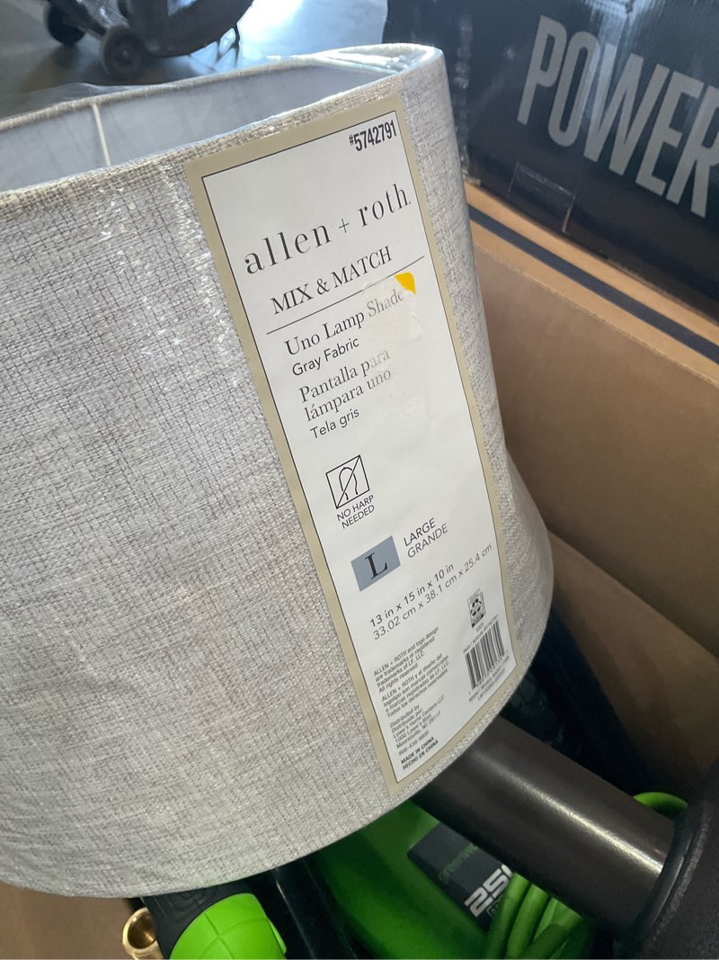 Condition photo showing As Is for allen + roth 10-in x 15-in gray fabric drum lamp shade
