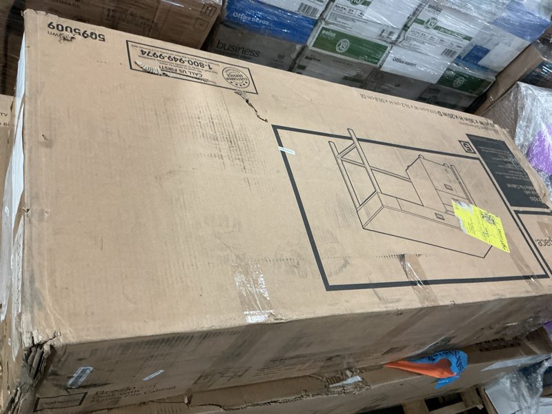 Condition photo showing New/Like New for realspace® brezio 47" w computer desk with mobile file cabinet, brown
