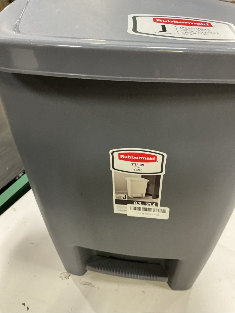 Condition photo showing As Is for rubbermaid step-on trash can with lid, 8.25-gallon, gray, easy clean wastebasket for home/kitchen/bedroom/office gray 8.3 -gallons