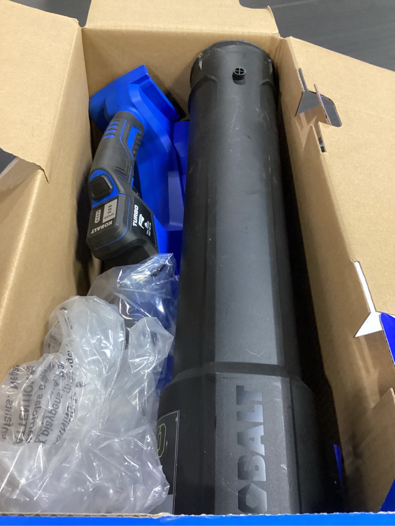Condition photo showing As Is for kobalt quiet tech 24-volt 540-cfm 120-mph battery handheld leaf blower 4 ah battery included charger included