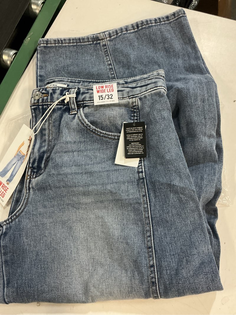 Condition photo showing New/Like New for celebrity pink women's low rise double waistband wide leg jeans, sizes 15-32