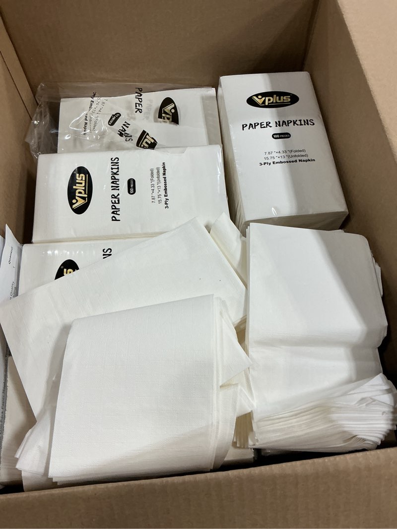 Condition photo showing As Is for Vplus 600 Pack Paper Napkins Guest Towels Disposable Premium Quality 3-ply Dinner Napkins Disposable Soft, Absorbent, for Kitchen, Wedding, Parties, Dinners or Events(White)