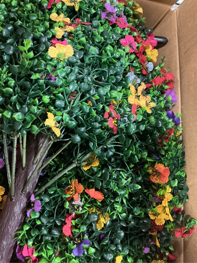 Condition photo showing Good Condition for 27.5" artificial flowers boxwood topiary ball tree set of 2, uv resistant fake bushes shrubs with ground spike, faux evergreen tree for front porch outdoor garden decor colorful-flowers