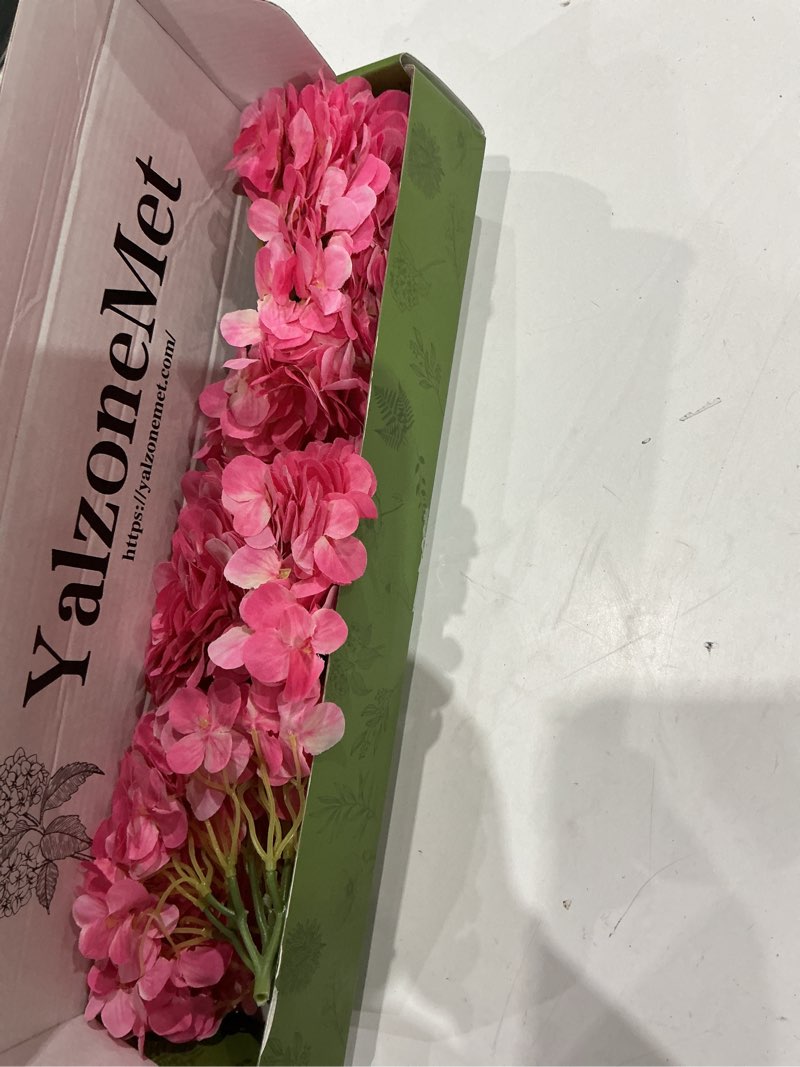 Condition photo showing Good Condition for yalzonemet 4pcs magenta silk hydrangea artificial flower rose red lifelike big blooms 20'' long stem faux hydrangea flower bouquets for home party indoor outdoor wedding table centerpiece decor