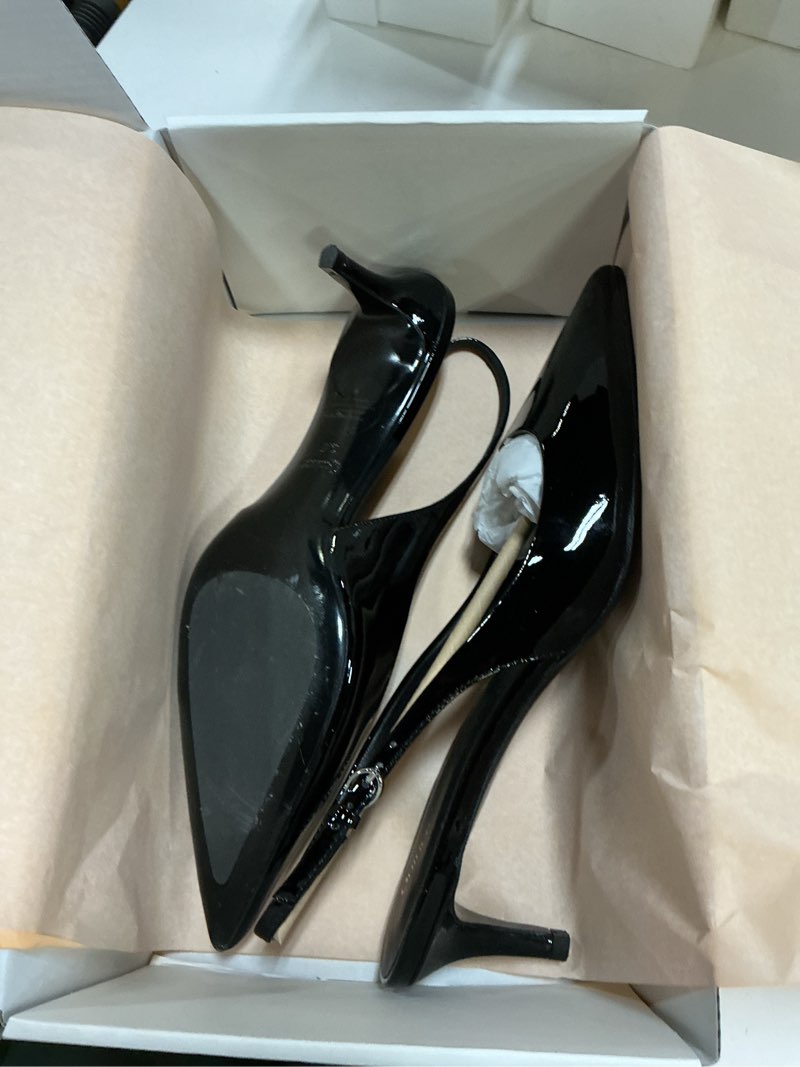 Condition photo showing As Is for italian leather 55mm slingback pump, 9.5, black patent