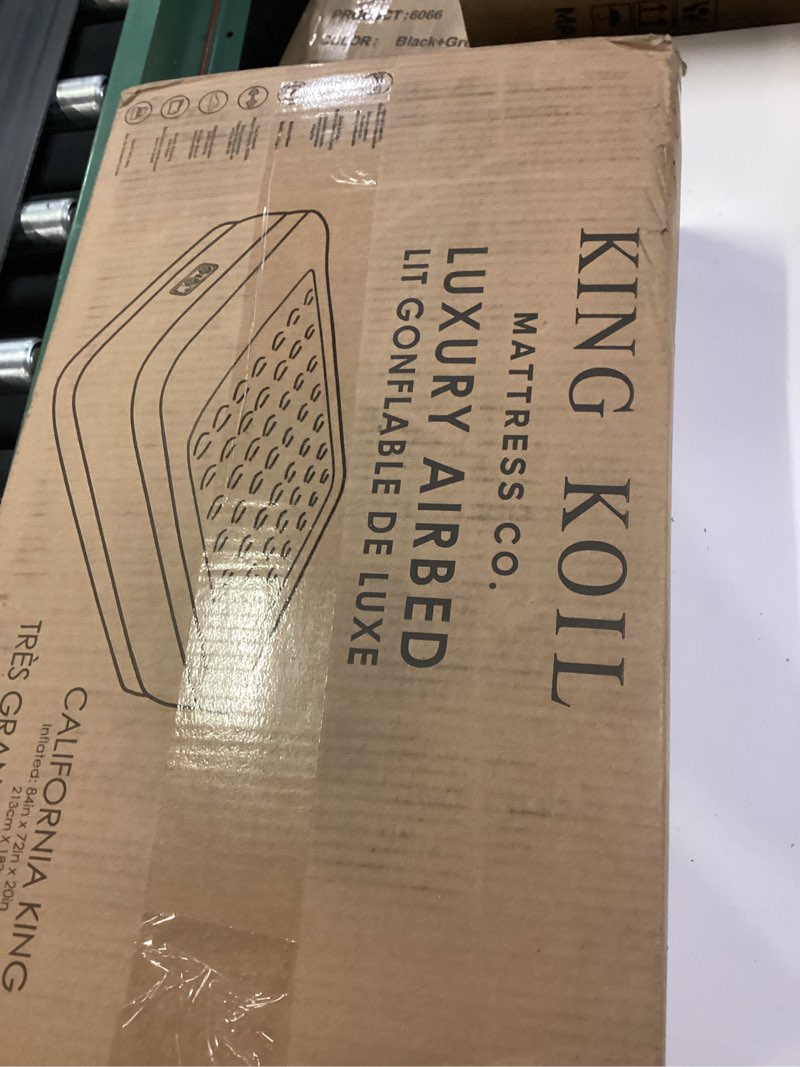 Condition photo showing New/Like New for king koil luxury california king size air mattress with built-in high-speed pump best for home, camping & guests, 20" double high airbed adjustable blow up mattress, waterproof, 1-year warranty black california king 20"