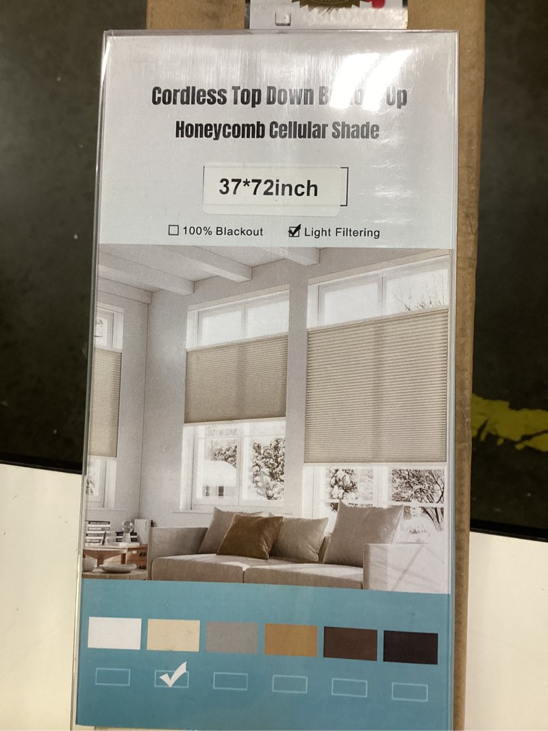 Condition photo showing New/Like New for myshade cordless blackout cellular shades, 1.5\" honeycomb window blinds for bedroom & nursery, thermal insulated, noise reducing, privacy shades, inside or outside mount (37\" w x 64\" h, light brown) light brown-blackout 37\"w x 72”