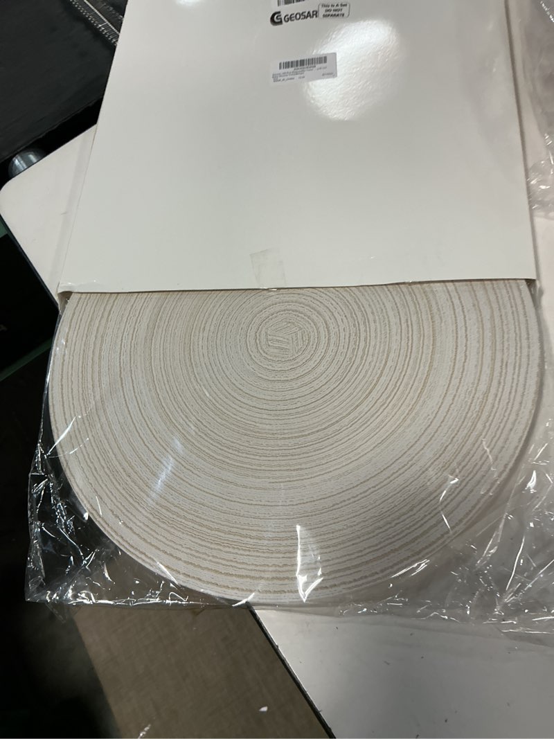 Condition photo showing New/Like New for Geosar 100 Pcs Disposable Paper Placemats Cotton Woven Look 13'' Round Placemats Rustic Disposable Table Pads Bulk for Dining Table Decoration Birthday Wedding Bridal Baby Shower Party(Beige)