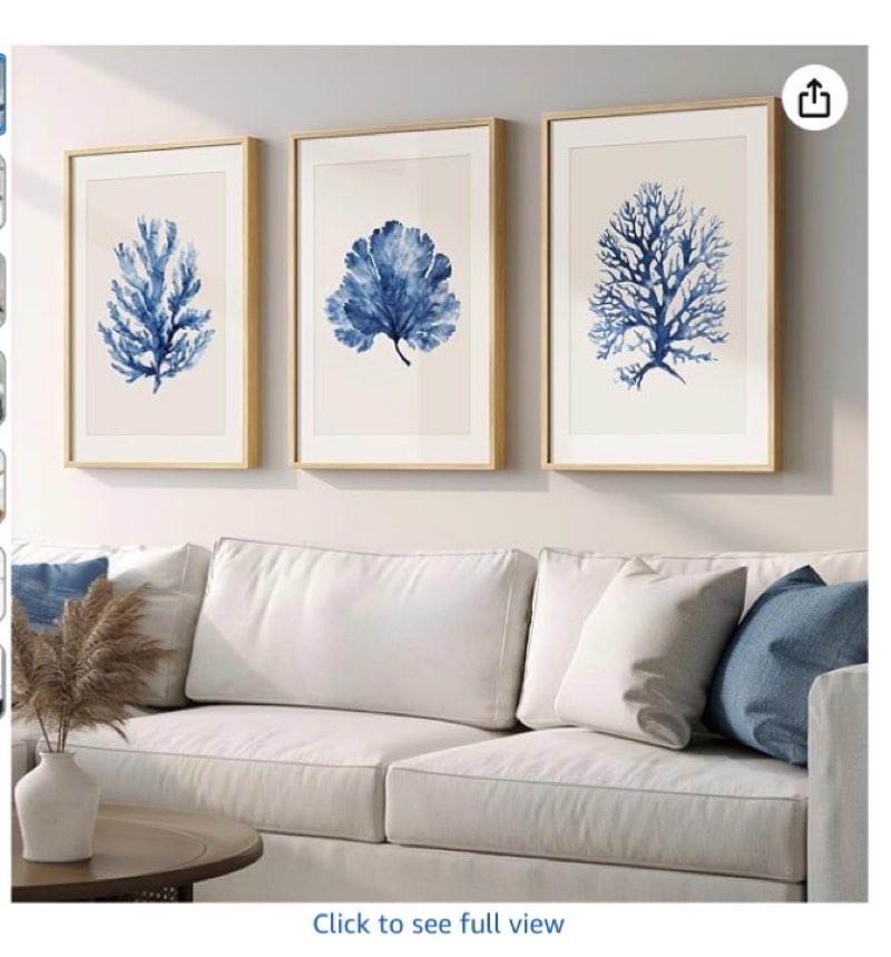 Framed Coastal Coral Wall Art for Living Room, Large Navy Blue Watercolor Coral Artwork for Walls, 3 Piece Minimalist Ocean Beach Marine Plants Pictures Prints for Bedroom Hallway Wall Decor, 16x24 In