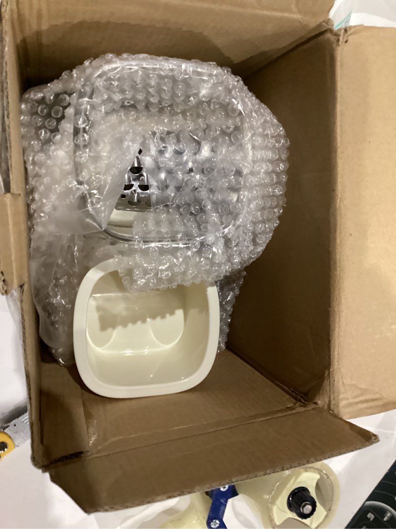 Condition photo showing As Is for Manual Rotary Cheese Grater with Handle, 5 in 1 Replaceable Stainless Blades Cheese Shredder,Strong Suction Base Vegetable Slicer with Cleaning Brush & Bonus Storage Box for Blades (white)