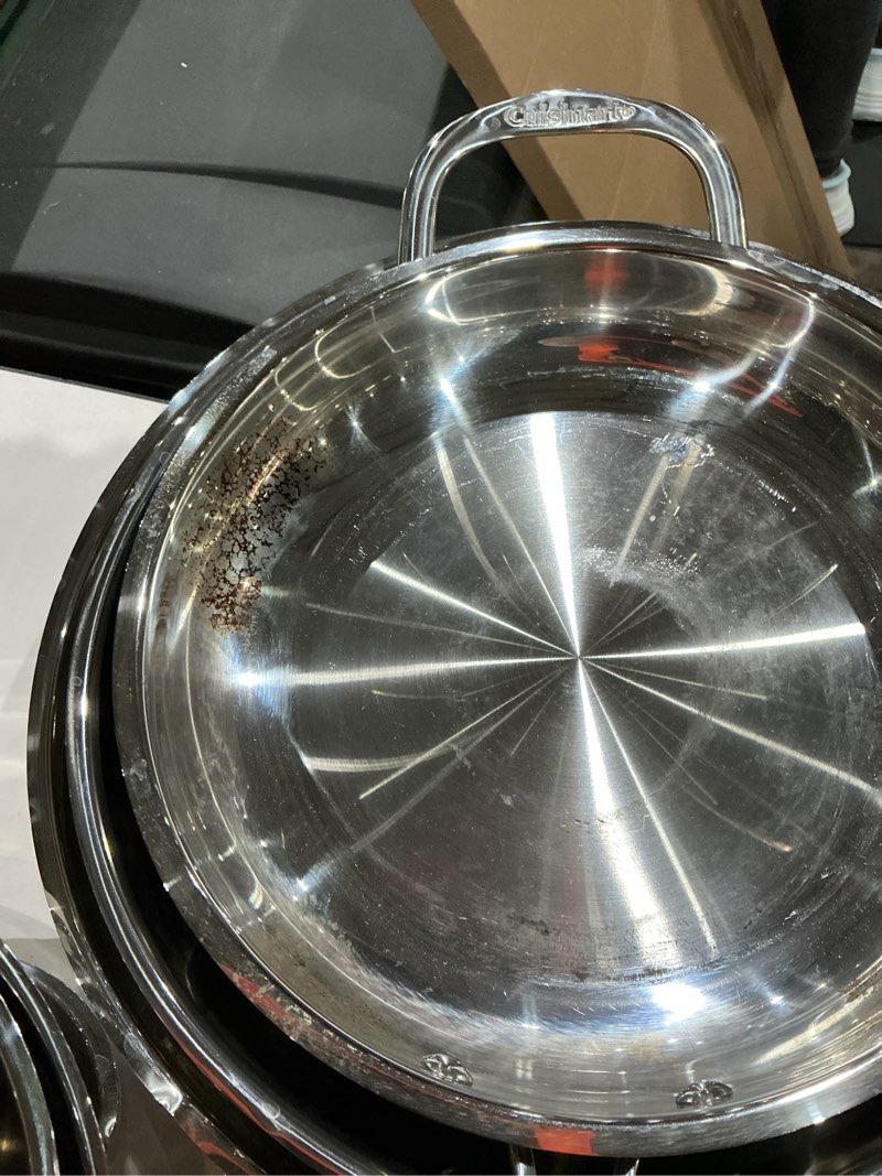 Condition photo showing As Is for incomplete )))cuisinart 17-piece stainless steel cookware set, chef's classic steel collection with pure aluminum core for quick and even heat, cool grip handles, dishwasher safe, 77-17n