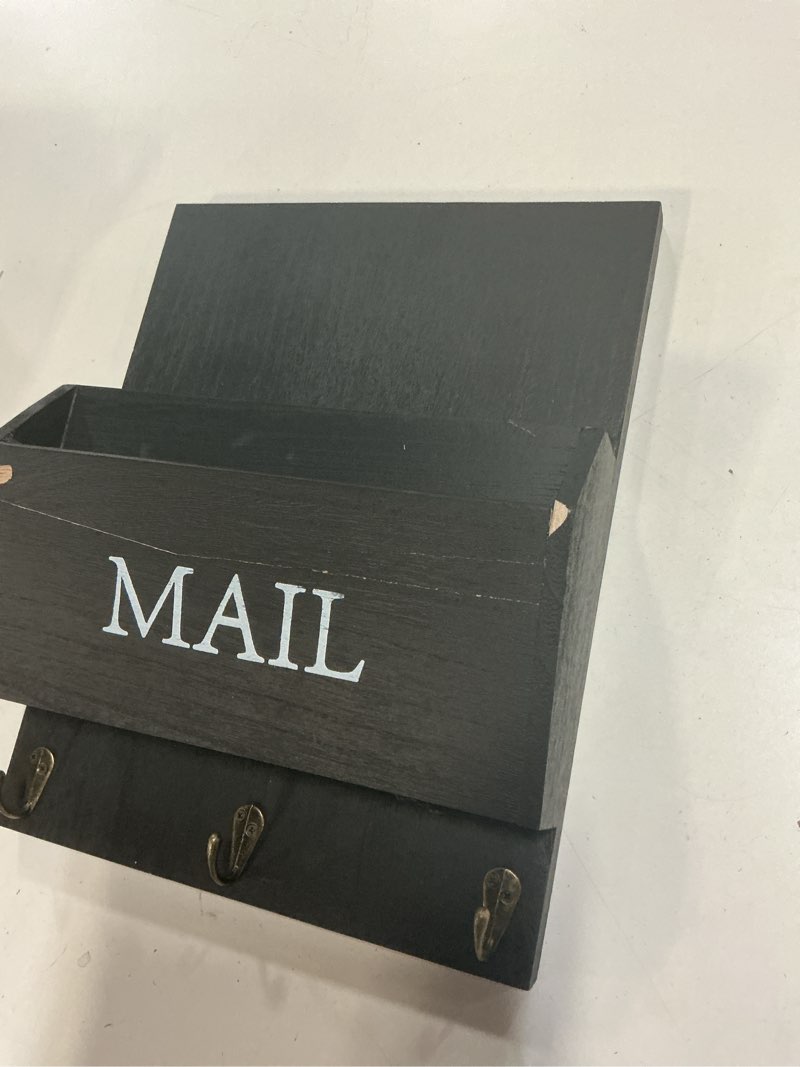Condition photo showing As Is for dlquarts mail organizer with key holder for wall, mail sorter wall mounted, decorative wooden key and mail holder with 3 hooks, black
