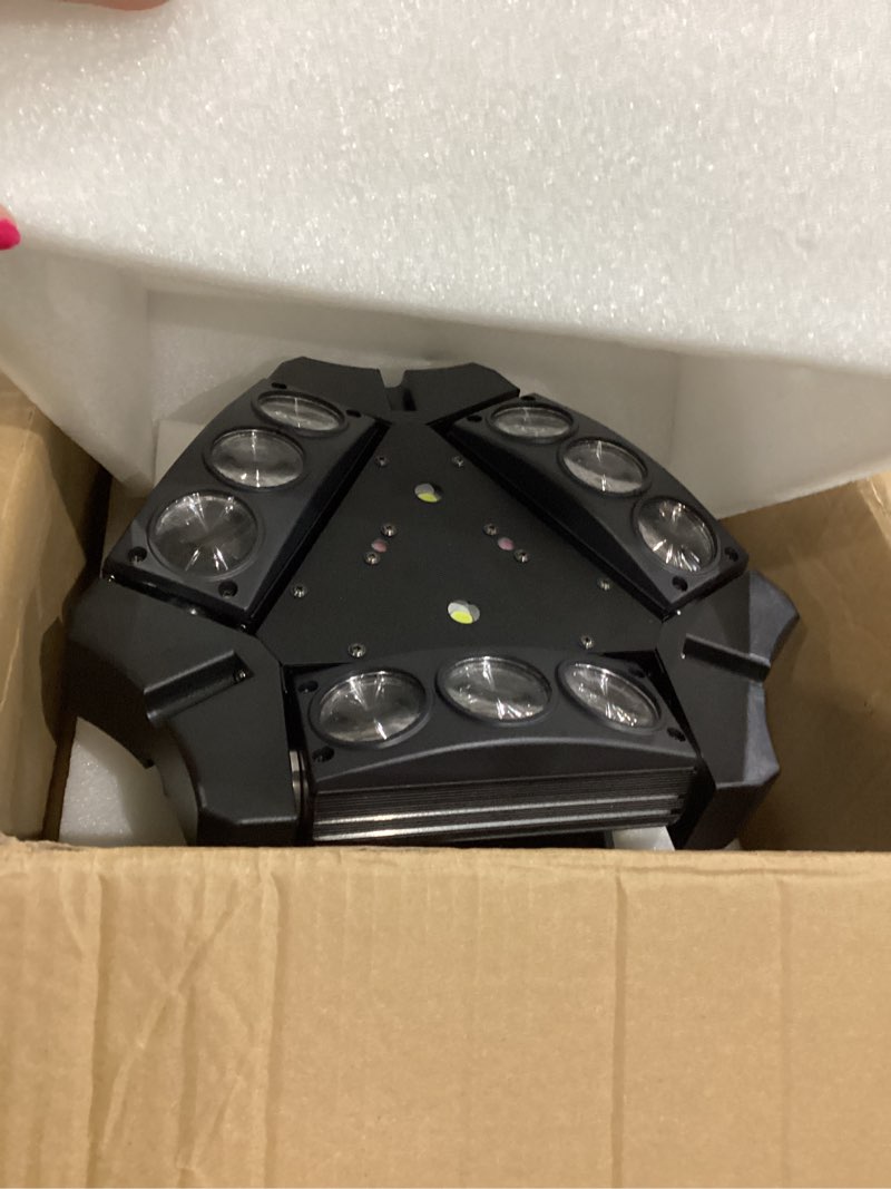 Condition photo showing Good Condition for spider moving head lights, u`king dj lights 9 leds heads x 10w rgb stage lighs 12/19 channels dmx-512 and sound activated great for wedding disco party light 1 pack