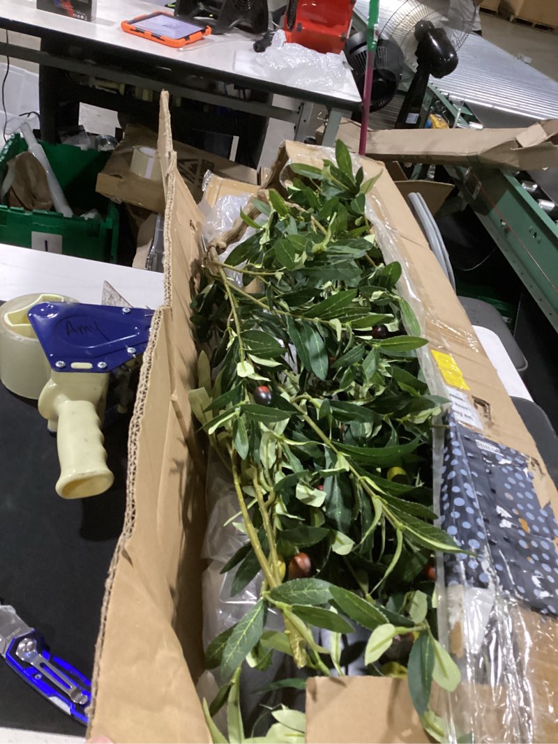 Condition photo showing As Is for nafresh tall faux olive tree?7ft?84in? realistic potted silk artificial indoor with green leaves and big fruits for home office living room bedroom stairs foyer decor. 1 7ft