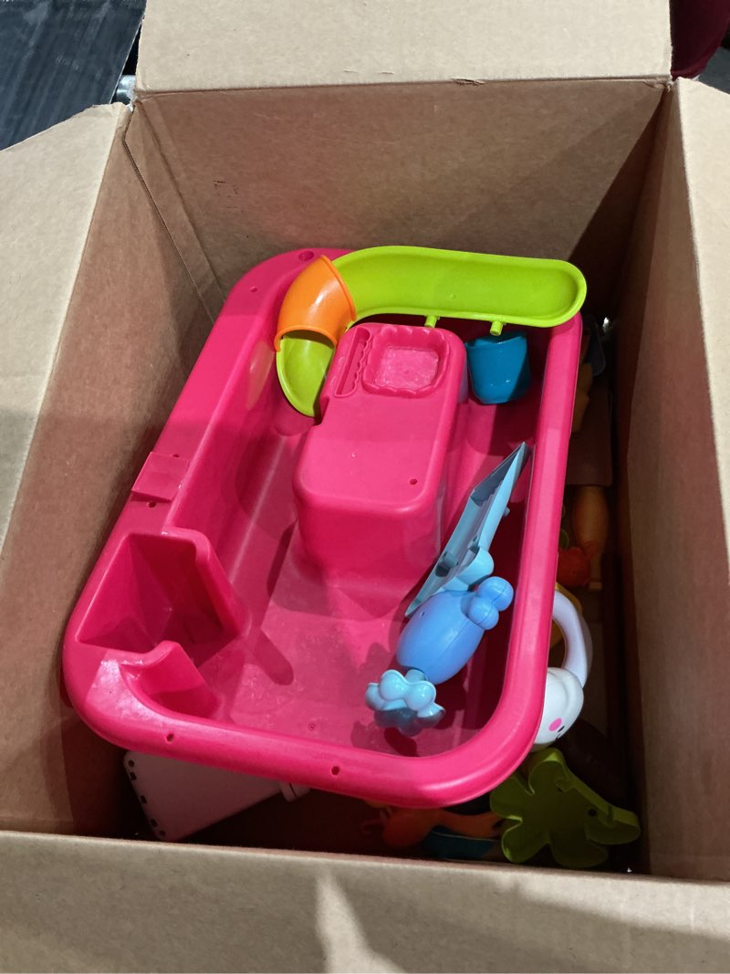 Condition photo showing As Is for 4-in-1 electric water table toy for toddlers 1-3,color changing kitchen play sink toys with running water for kid with water pump,animals, food, tableware,pretend role birthday toy for boy and girl pink