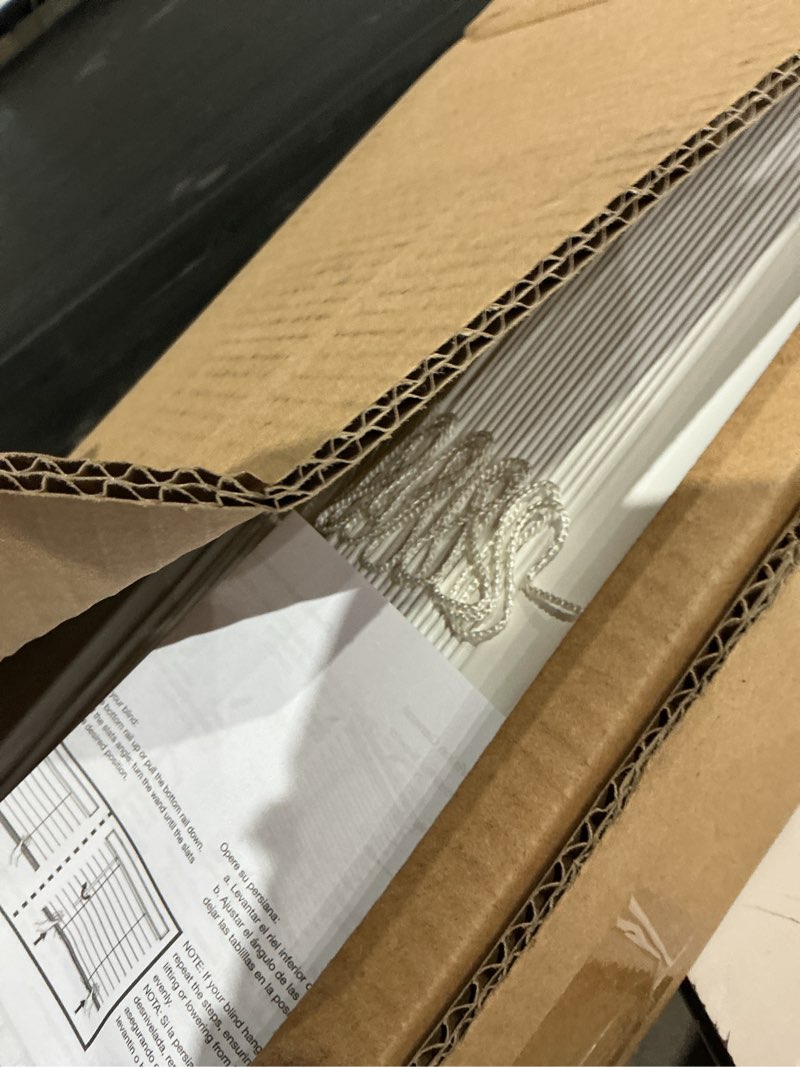 Condition photo showing As Is for lotus & windoware cordless, 2 inch faux wood blind, 34" wide x 72" long, window blinds, blinds & shades, blinds for indoor windows, embossed, bright white