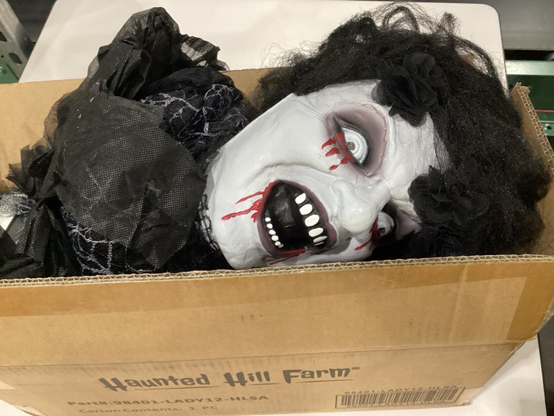 haunted hill farm 4.3-ft animatronic scary demon widow door greeter with touch activated lights and 