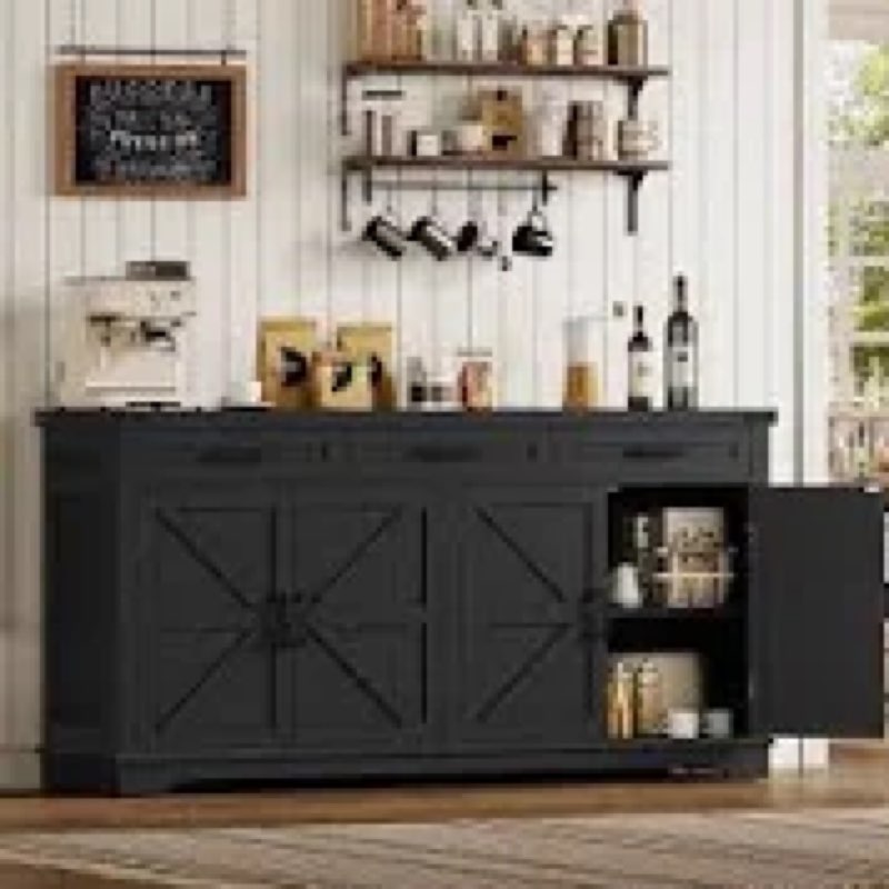 63" Sideboard Buffet Cabinet with Storage, Coffee Bar Cabinet with 3 Drawers and 4 Barn Doors, Long Wider Storage Cabinet Modern Farmhouse