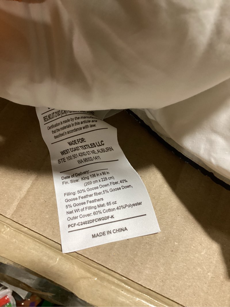 Condition photo showing Good Condition for pacific coast luxury white goose feather down fiber comforter king size, all season hotel collection duvet insert, ultra soft, breathable bedding comforter with 8 corner tabs, 106x90 inch white