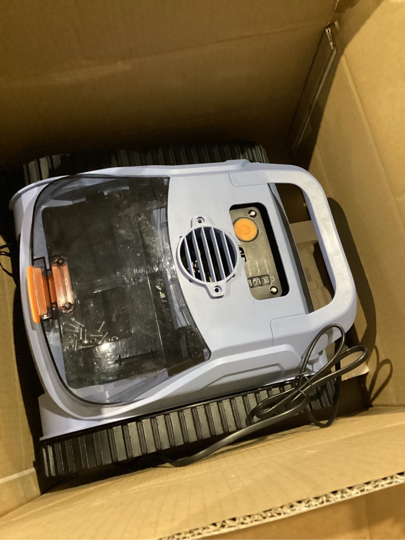 Condition photo showing As Is for Cordless Robotic Pool Vacuum, Pool Cleaner with Track Drive & Sonar Navigation, 180W Brushless Motor, Wall & Waterline Climbing, 150-Min Runtime, for Inground & Above-Ground Pools up to 2150 Sq. Ft. BLUE