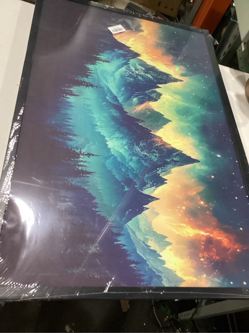 Condition photo showing New/Like New for framed canvas wall art indigo abstract mountain pictures wall decor blue grey orange mountain peaks canvas painting prints modern abstract artwork for living room bedroom decoration natural frame 24\" x 48\", similar to stock photo