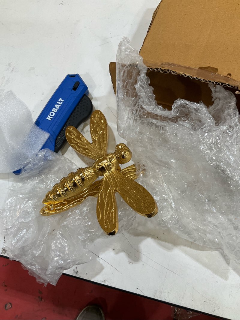 Condition photo showing Good Condition for shiny brass dragonfly door knocker – decorative nature themed front door hardware for home, garden, or entrance – vintage style gold knocker for home