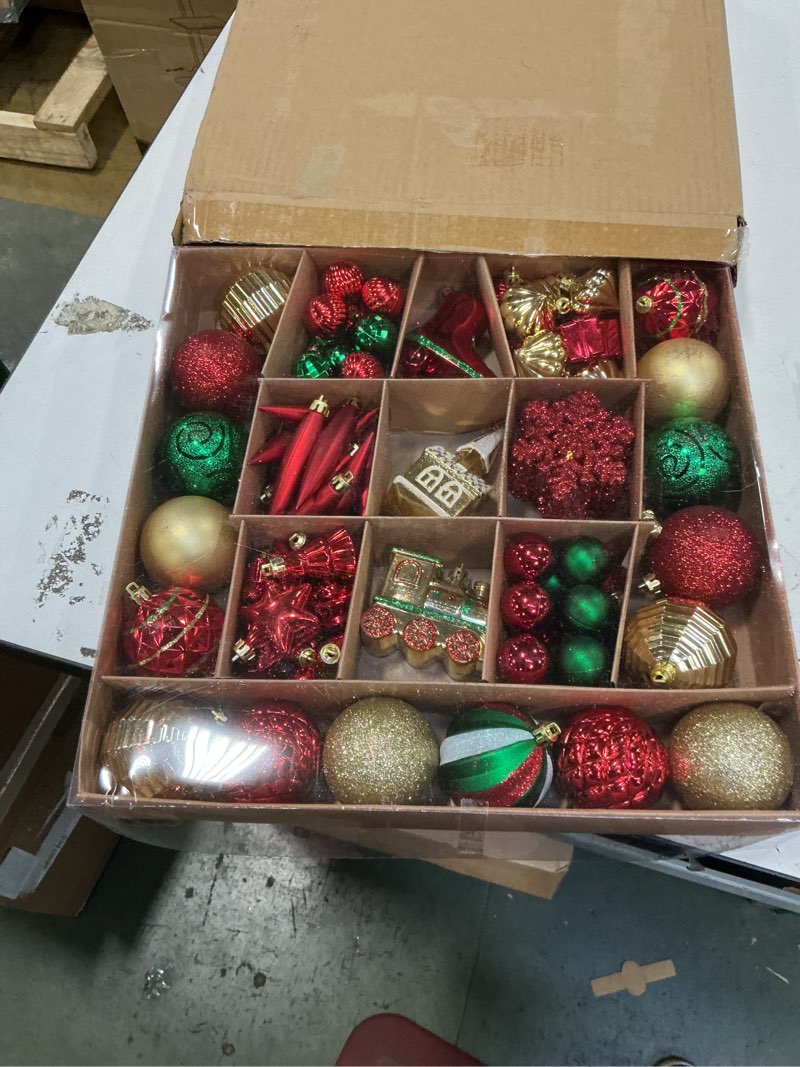 Condition photo showing Good Condition for 90pcs Red Green and Gold Christmas Balls Ornaments Set,Shatterproof Plastic Ball Set with Hanging Strings,Hanging Ball Ornaments for Xmas Party Christmas Tree Decorations, Ideas