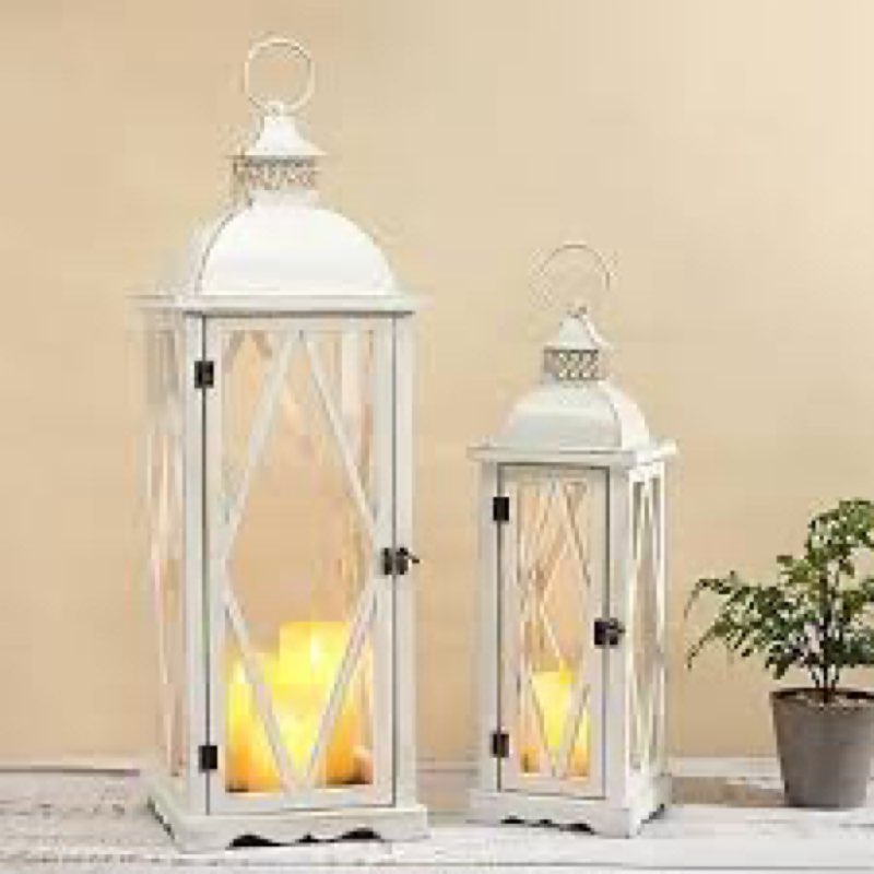 perfnique farmhouse outdoor lanterns for patio, set of 2 white rustic lanterns decor, vintage hanging candle holder decorative for porch, garden, yard, indoor (no glass) visit the perfnique store
