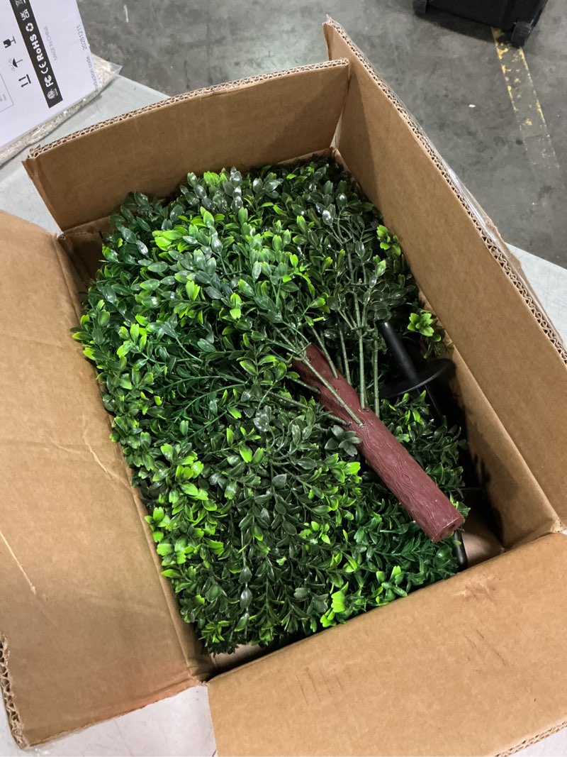 Condition photo showing New/Like New for 27.5" artificial boxwood topiary ball tree, set of 2 fake bushes shrubs with ground spike, uv resistant faux evergreen boxwood trees for front porch planters outdoor garden decor green-boxwood