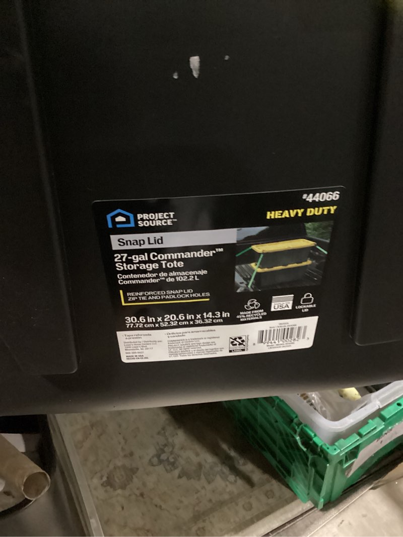 Condition photo showing As Is for project source commander large 27-gallon s (108-quart) black heavy duty tote with standard snap lid