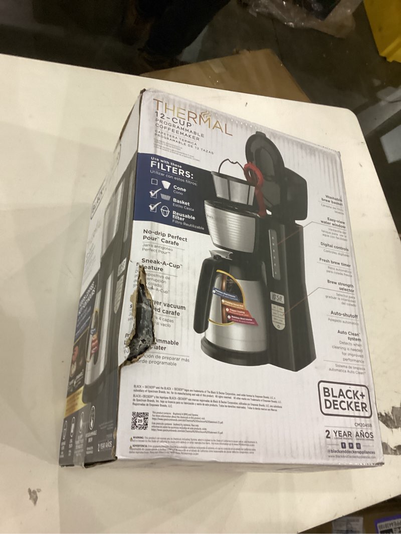 Condition photo showing As Is for BLACK+DECKER 12-Cup Thermal Programmable Coffee maker, Brew Strength Selector, Auto-clean, Black and Silver CM2045B