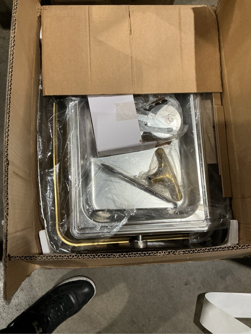 Condition photo showing As Is for vevor roll top chafing dish buffet complete set, 9qt stainless steel chafer with full size pan, rectangle catering warmer server with visible lid water pan folding stand fuel holder meal clip, gold visible lid gold
