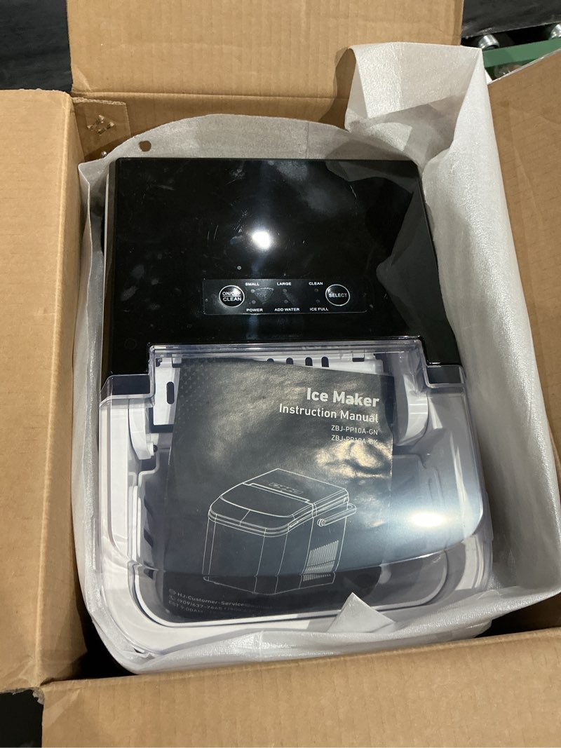 Condition photo showing As Is for not exact but similar to dumos countertop ice maker with handle, 26lbs/24h portable ice machine, 9 bullet cubes ready in 6 mins, self-cleaning, quiet compact for home, kitchen, rv, camping, bright black bright black handle-26.5lbs/24h