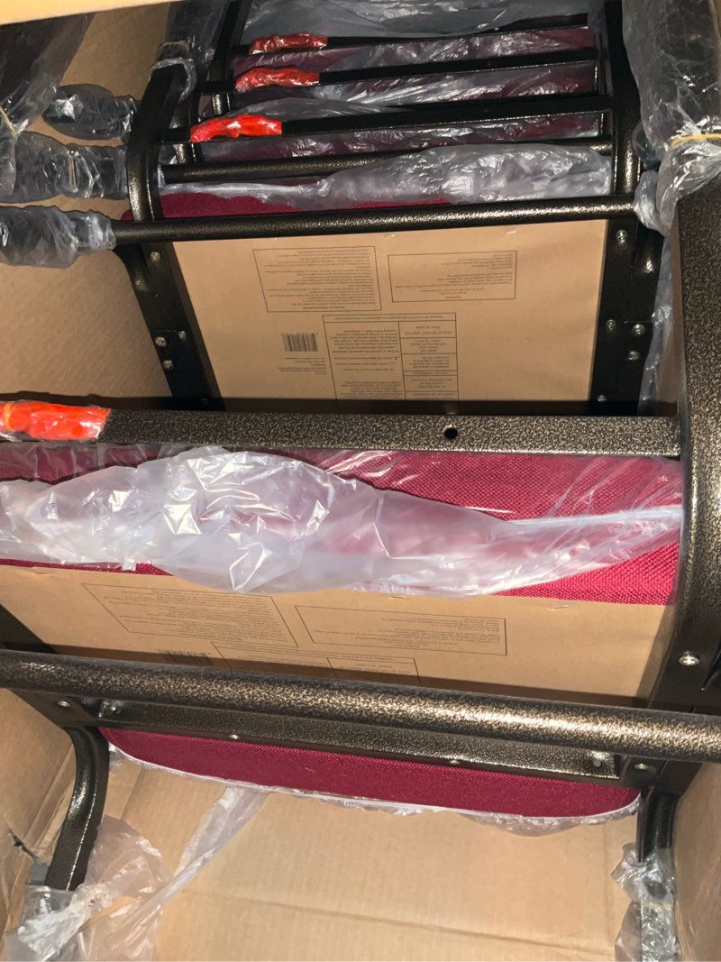 Condition photo showing As Is for Flash Furniture 4 Pack HERCULES Series 21''W Stacking Church Chair in Burgundy Fabric - Gold Vein Frame Burgundy Fabric/Gold Vein Frame Set of 4 incomplete 