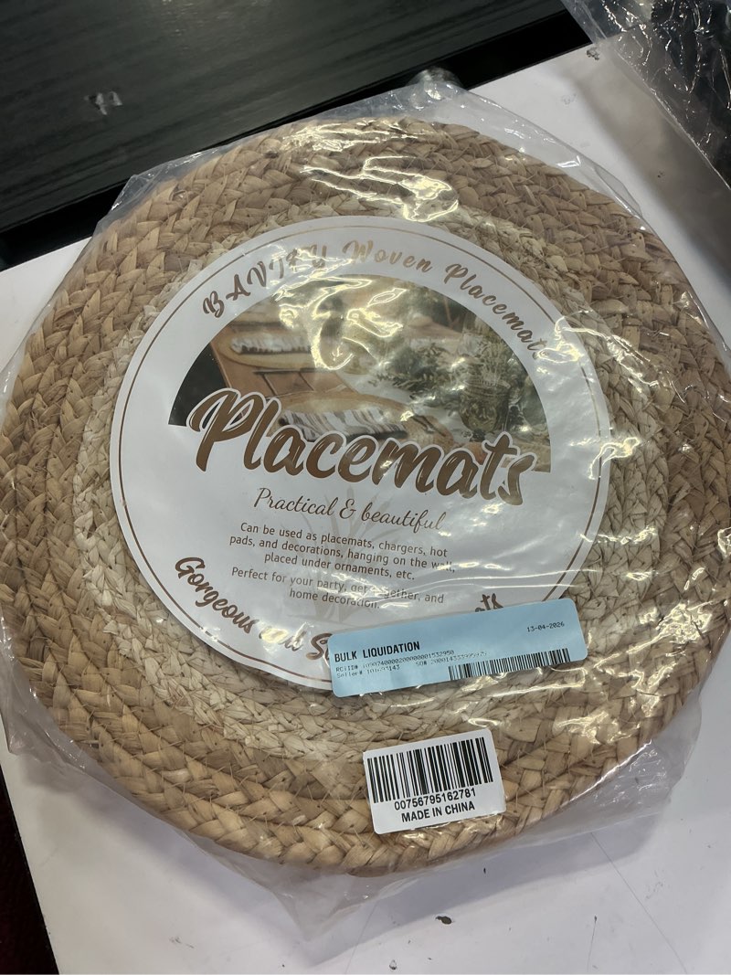 Condition photo showing New/Like New for 13 in round woven placemats plate chargers set of 6  boho farmhouse rustic place mats for dinner plates  rattan wicker braided table mats chargers for