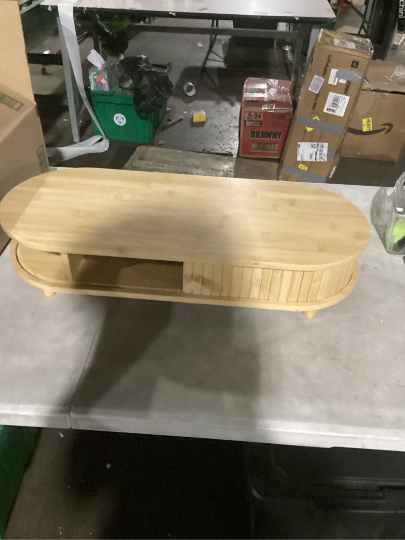 Condition photo showing Good Condition for similar to coffee table, dual oval coffee table with with storage cabinet and sliding tambour door, 2-tier open storage shelf, mid century modern coffee tables for living room, natural