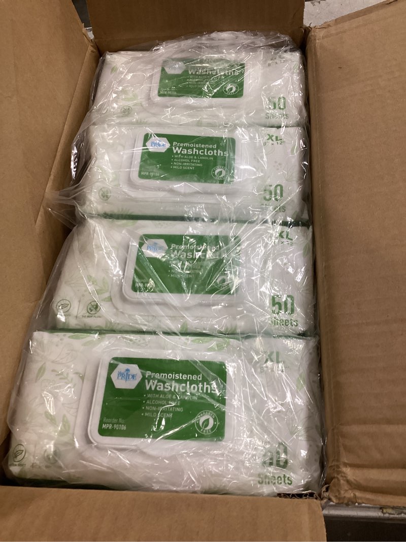 Condition photo showing New/Like New for (box of 12 pack) med pride 600 count 8 x12 in premoistened disposable wet washcloths for adults with aloe & lanolin personal cleansing skincare makeup removal travel