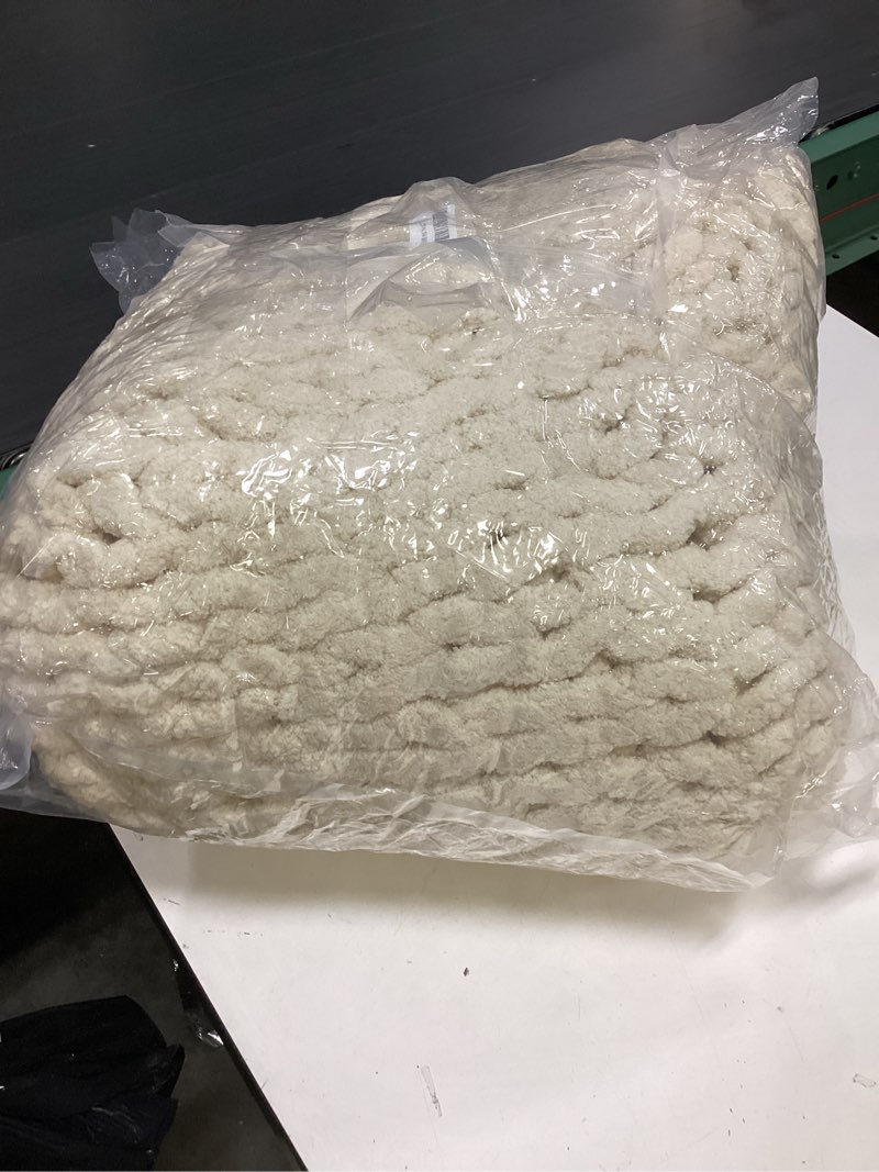 Condition photo showing As Is for bigacogo chunky knit throw blanket for couch, 51x63 inches, 100% hand knitted with thick jumbo chenille yarn, cozy soft large rope knot cable crochet blankets for sofa bed living room, beige beige 51"x63" (large size throw?