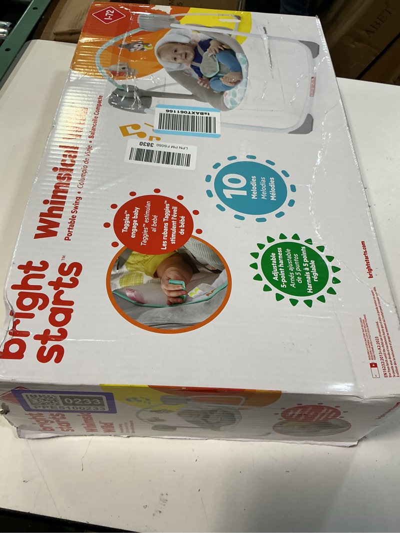 Condition photo showing New/Like New for bright starts portable automatic 6-speed baby swing with adaptable speed, taggies, music, removable-toy-bar, 0-9 months 6-20 lbs (whimsical wild)