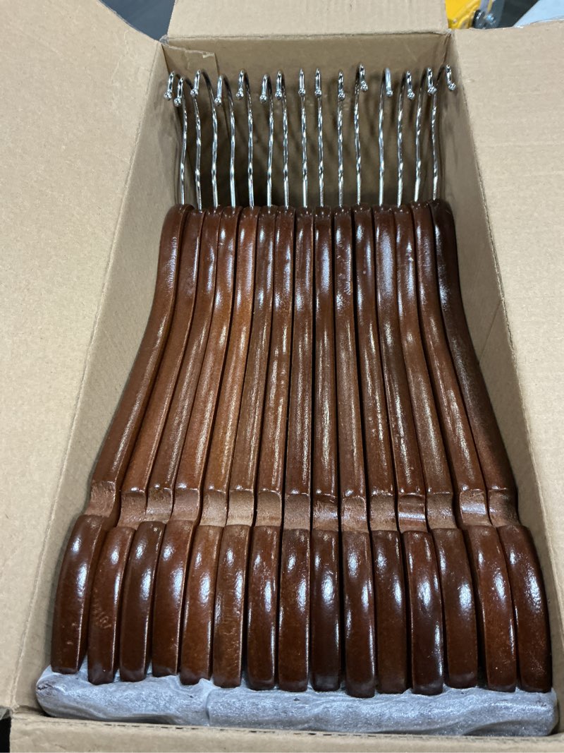 Condition photo showing Good Condition for Wooden Hangers, 30 Pack Wood Hangers with 360-Degree Rotatable Hook and Pants Bar, Smooth Finish Coat Hanger Wooden for Closet, Walnut Walnut 30 pack