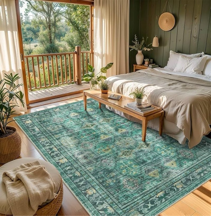 Rugxara 6x9 Area Rugs for Living Room Bedroom, Large Washable Rug, Green Vintage Floral Boho Rug, No