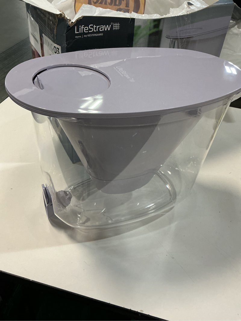 Condition photo showing As Is for LifeStraw Home High-Capacity Water Filter Dispenser, 35-Cup, Wisteria, BPA-Free Designed for Everyday Protects Against Bacteria, parasites, microplastics, PFAS, Lead, and Improves Taste