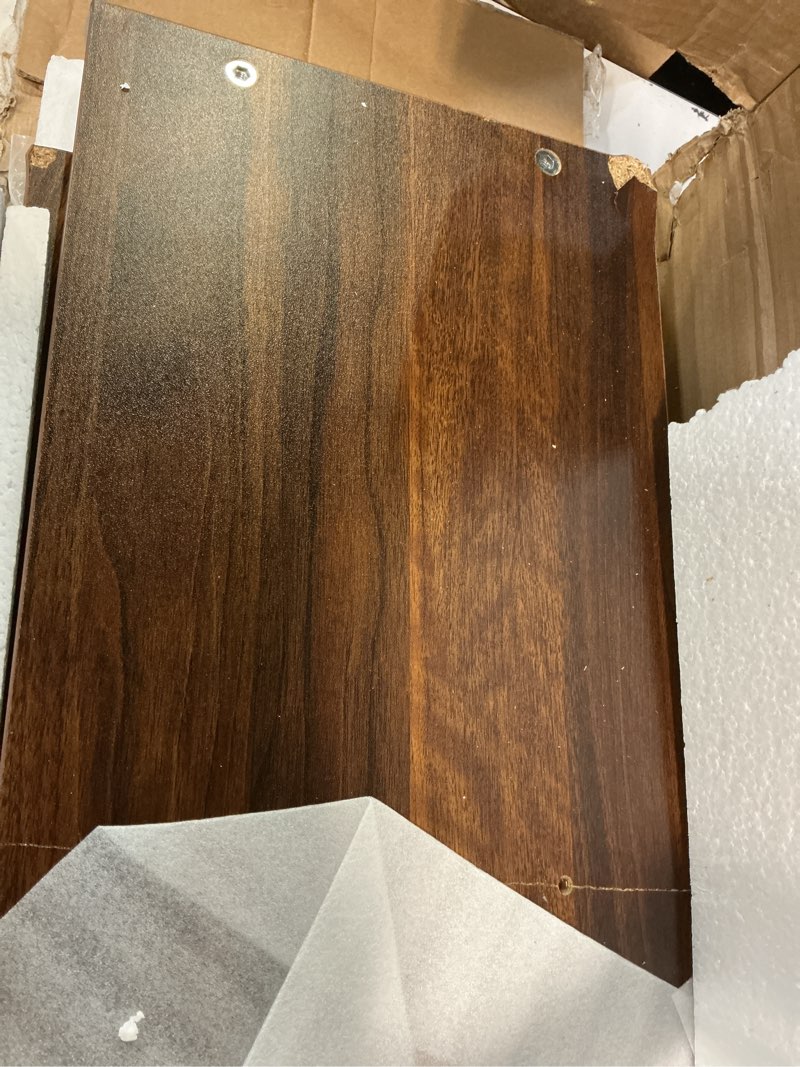 Condition photo showing As Is for fenge dual monitor stand, monitor riser with drawer, 42.5 inch large computer monitor stand for 2 monitors, 2 tier wooden desk shelf for top of desk brown