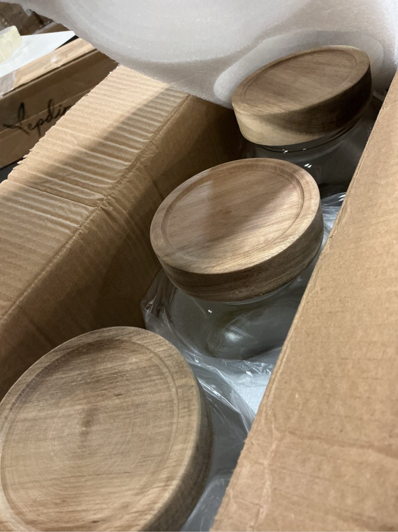 Condition photo showing Good Condition for keywing 88oz large glass jars with airtight acacia wood lids, set of 3 food storage containers for flour, sugar, rice, pasta, cereal, cookies – includes 126 labels 88 fl.oz