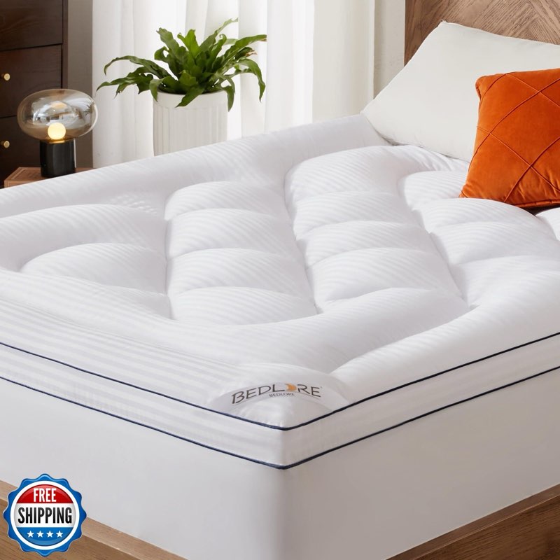 bedlore queen mattress topper, thick pillow top pad for back pain relief, coo